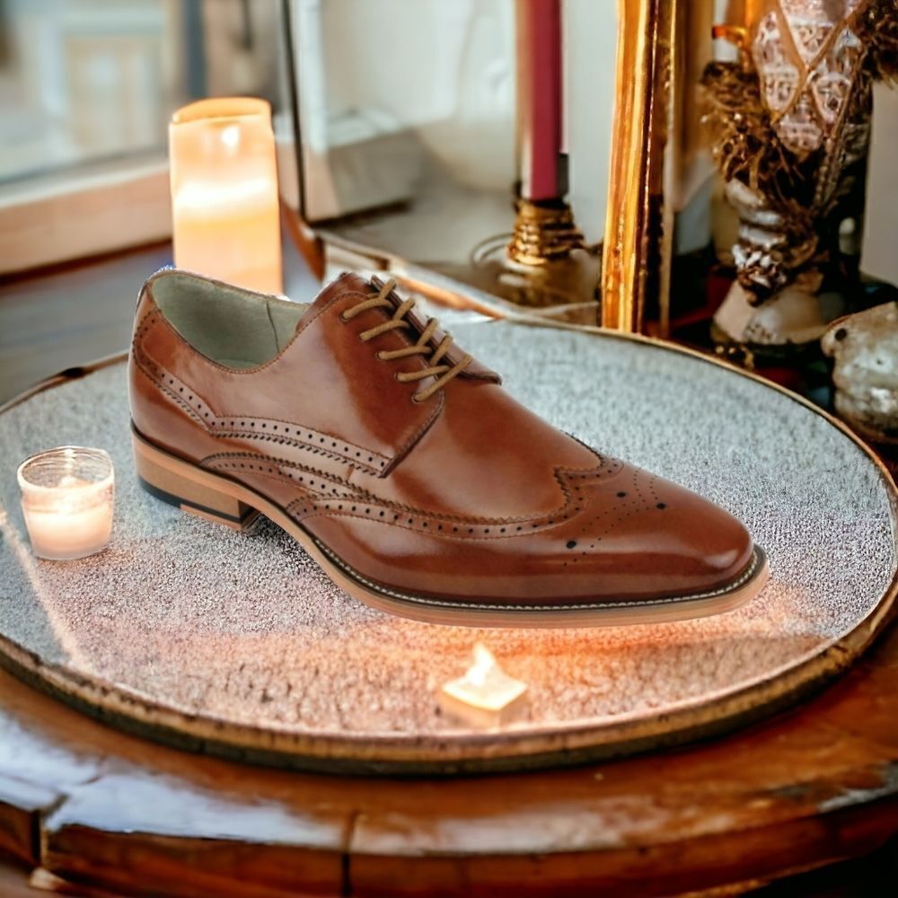 GIOVANNI MEN'S TAN WINGTIP LACE UP LEATHER  DRESS SHOE. LINCOLN.